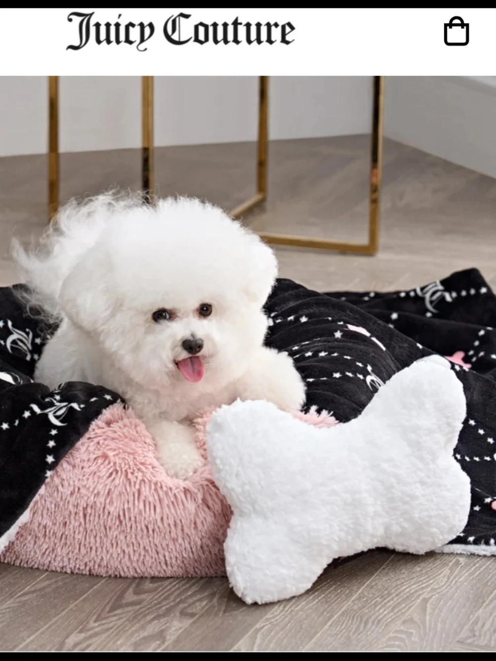 Juicy Couture Luxury Black Plush Dog Bed with Crown And Matching Plush Throw